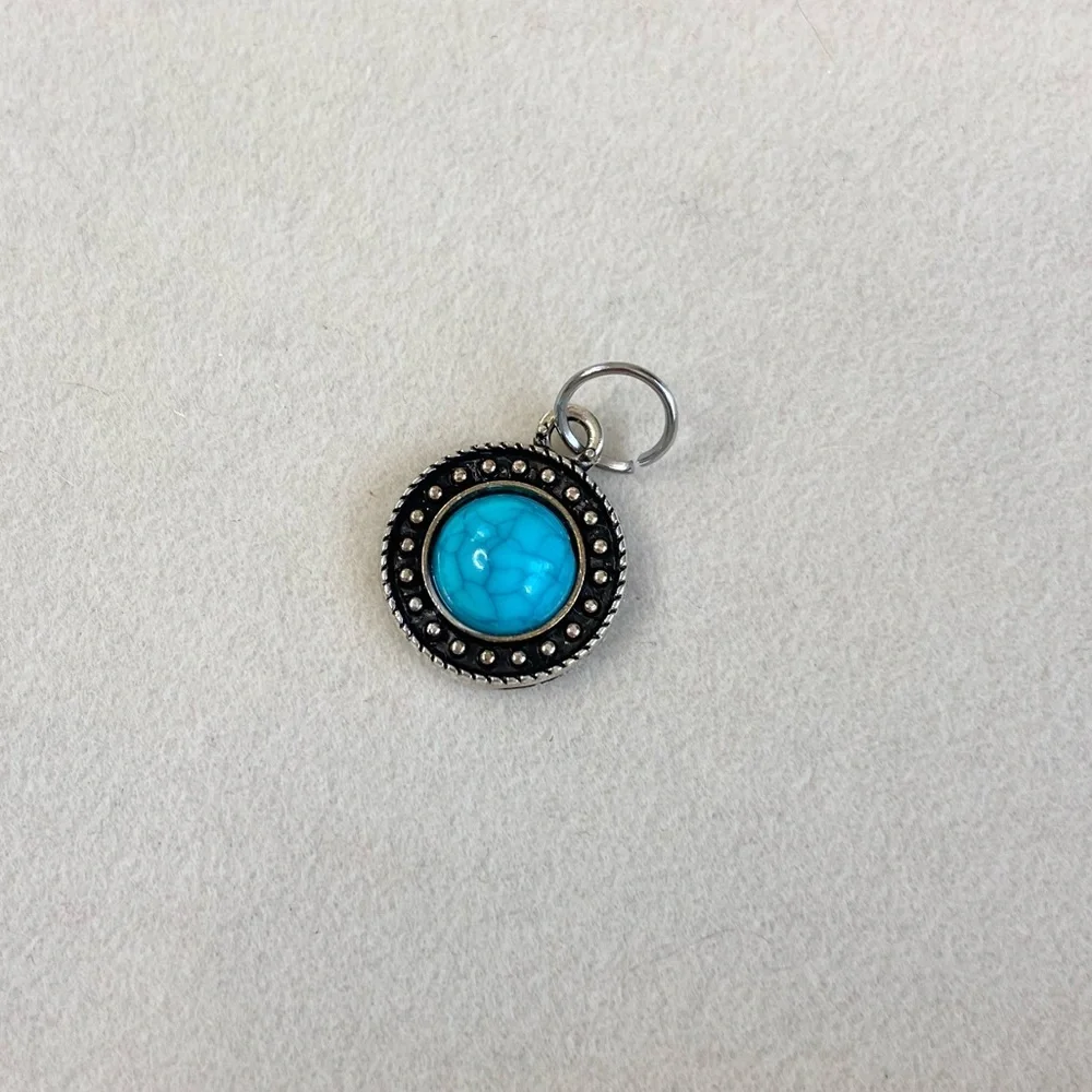 Blue Horizon Turquoise Medallion Charm –Silver Tone Pendant